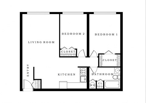 Floor plan for 2 beds, 1 bath, 775 sqft